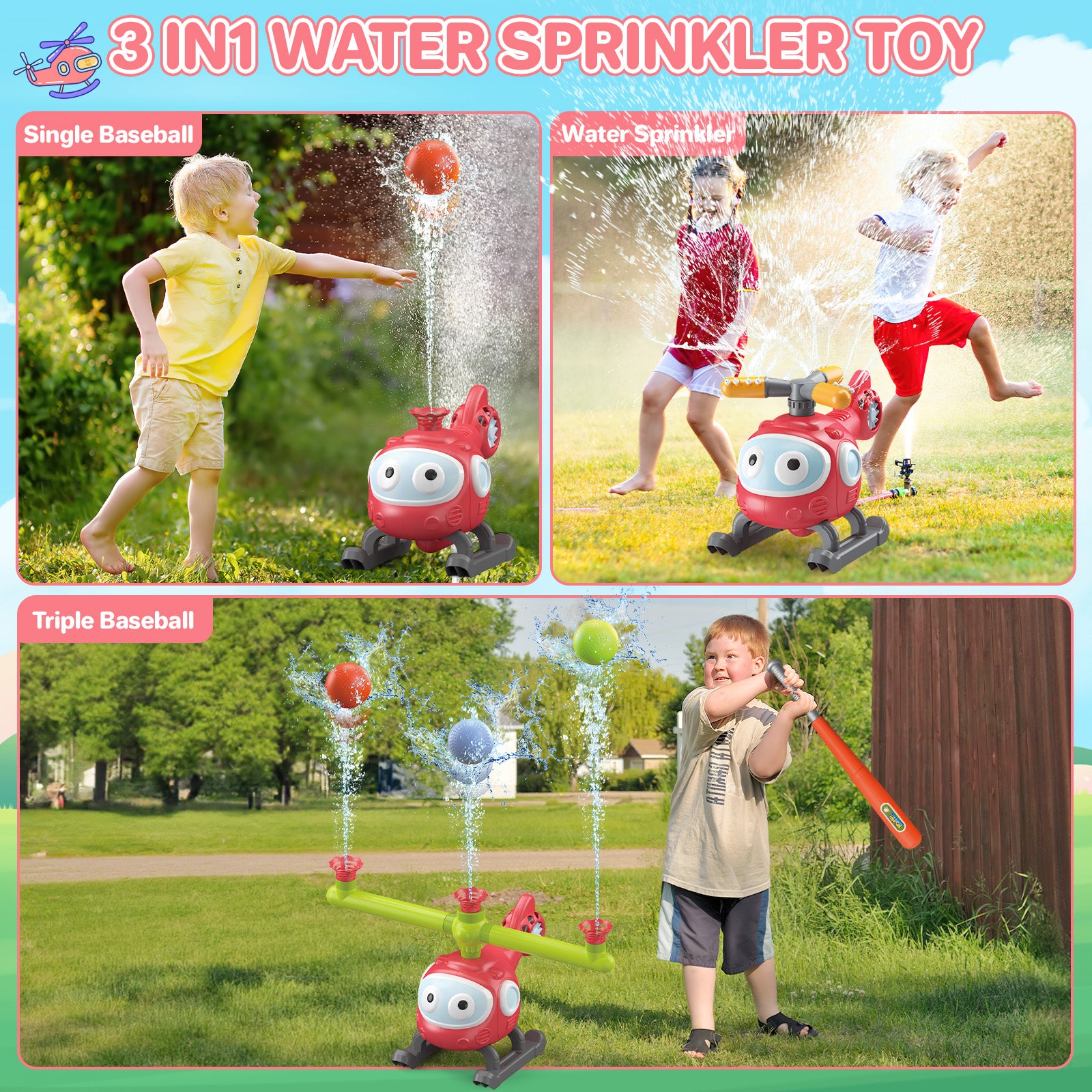 4 In 1 Water Sprinklers T Ball Set For Kids And Toddlers, Baseball Sprinkler For Backyard Helicopter Toy Outdoor Game, Attaches To Garden Hose Summer Yard Pool Water Toy
