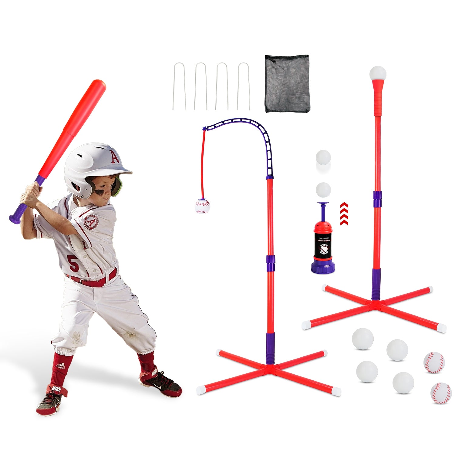 1Set 3 In 1 Baseball Toy Set For 3 To 5Years Old Kids And Toddlers Includes Tee Ball Stand Hanging Tee Automatic Ball Launcher With Adjustable Height For Indoor Outdoor Play